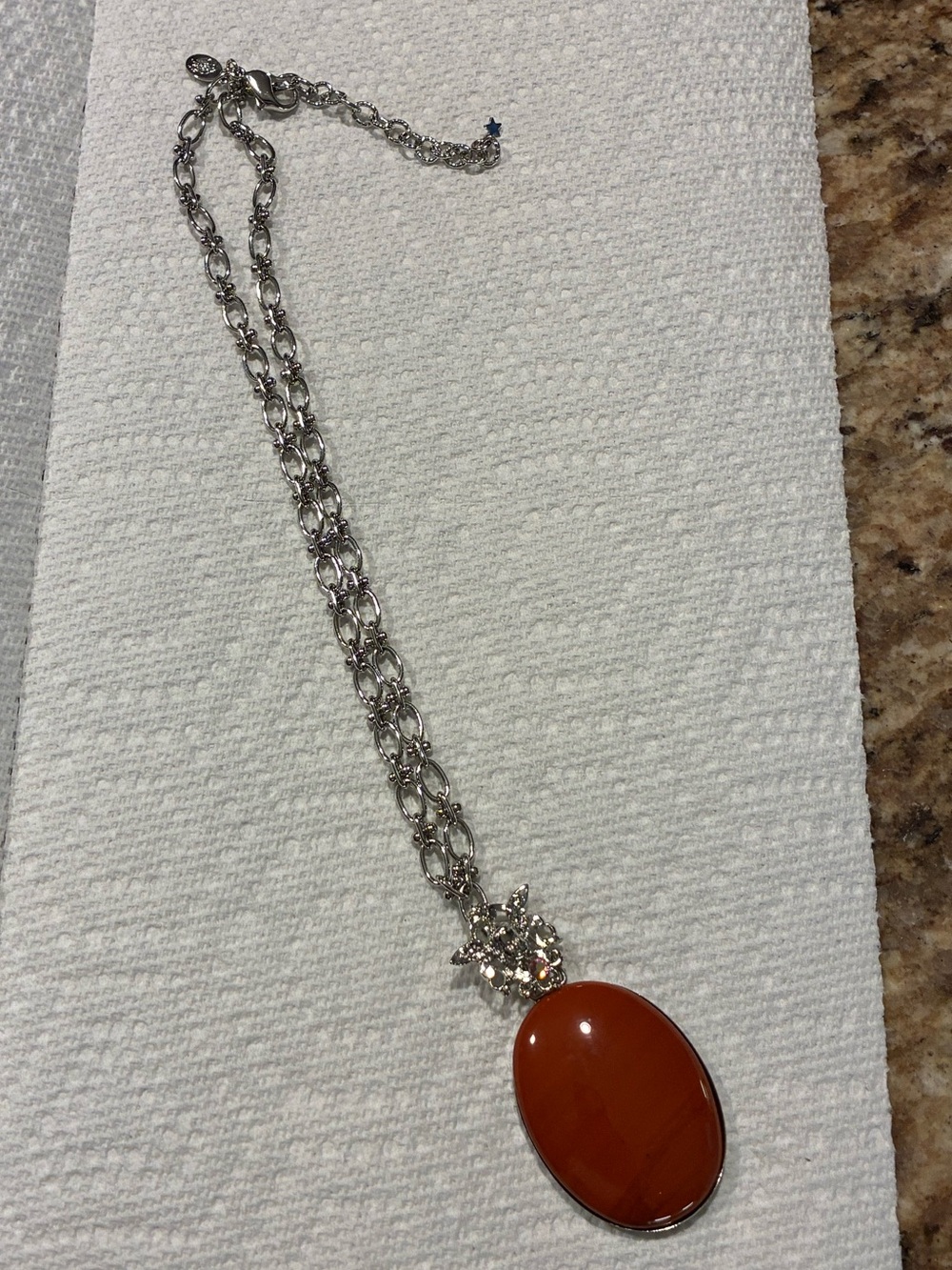 Kirk’s Folly 14” Silver Chain Necklace with Orange Oval Pendant